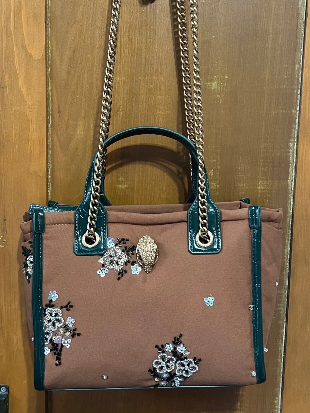 Kurt Geiger Hoxton fabric satchel in brown w/ green